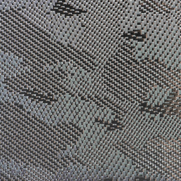 Closeup of black carbon fiber sheet in camo pattern